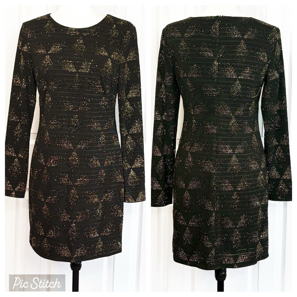 Vince Camuto Sparkly Black & Gold Metallic Long Sleeve Mini Party Dress 6